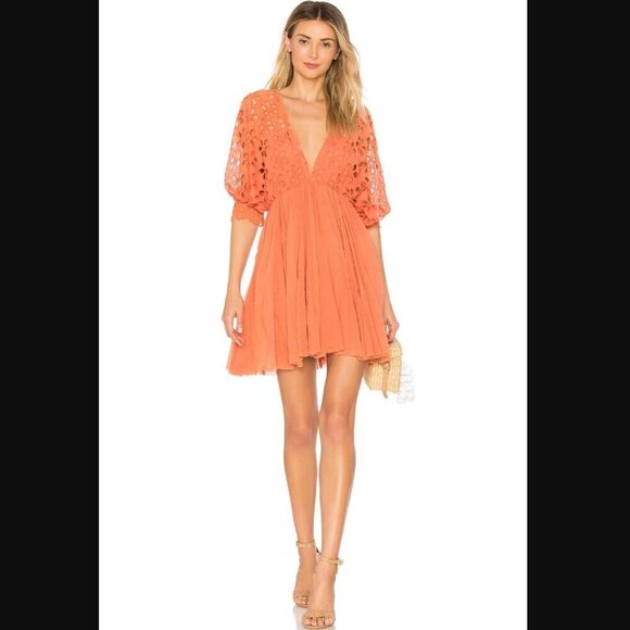 Free People Bella Note Eyelet Mini Dress in Terracotta - Picture 1 of 7